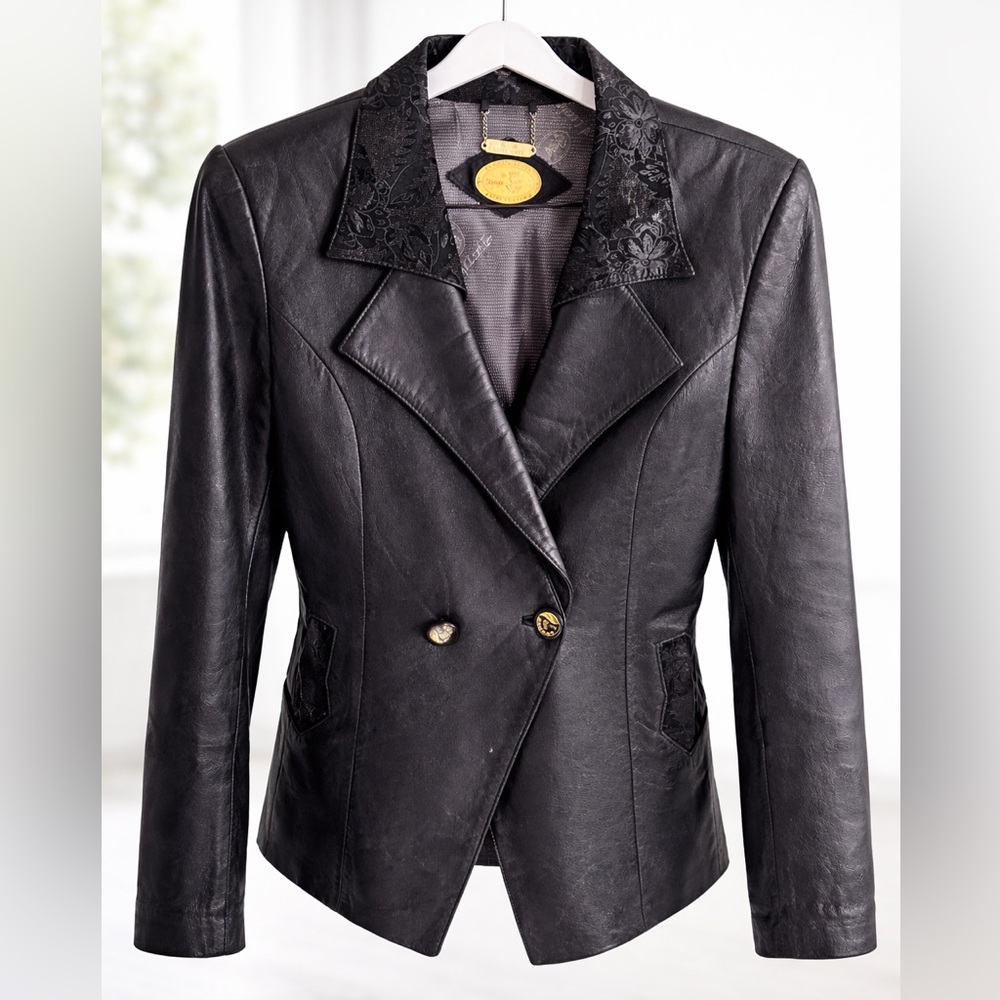 Vintage Italian leather blazer fitted black structured jacket 100% leather